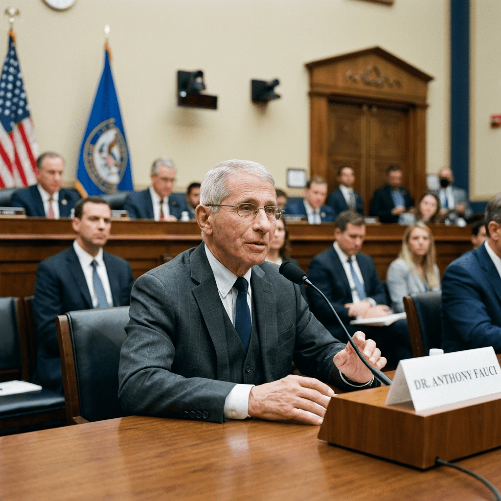 Dr. Anthony Fauci testifying at a government hearing with officials seated behind him